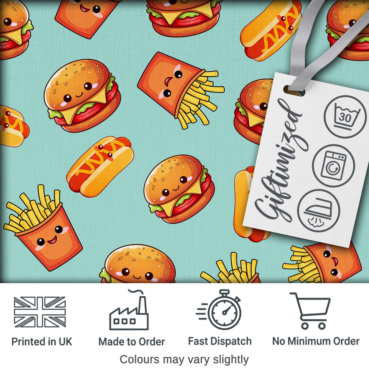 Kawaii Burger Fries Hotdog Fast Food Mint Green  Seamless Pattern Digital Print Fabric by the Metre UK Sewing Quilting Textile