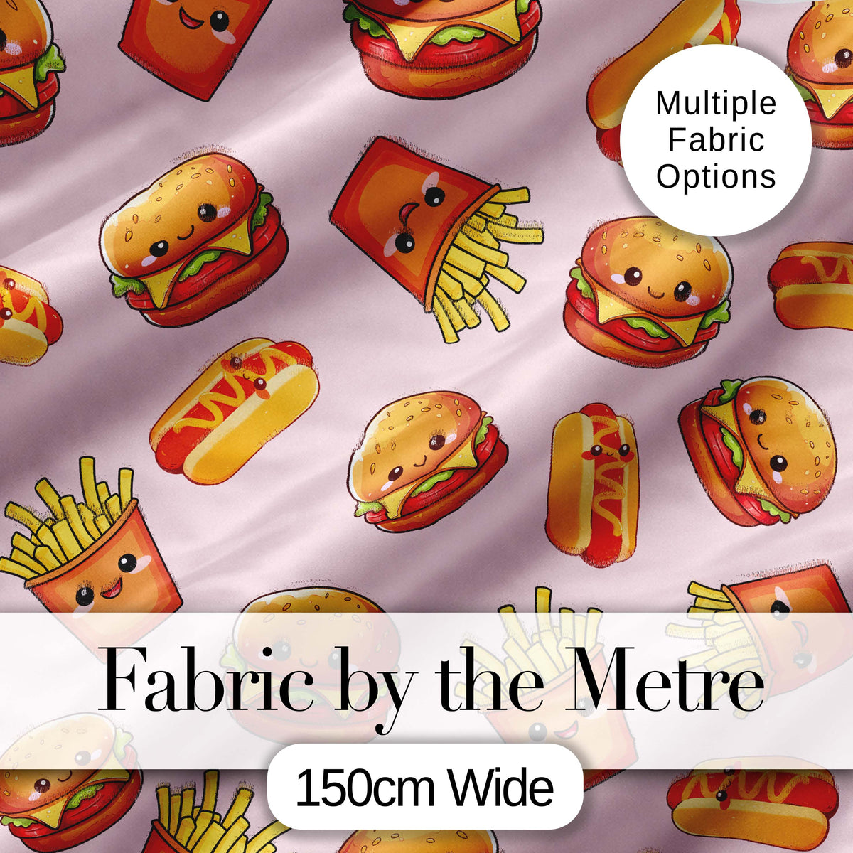 Cute Kawaii Burger Fries Hotdog Fast Food Soft Pink Background Seamless Pattern Digital Print Fabric by the Metre UK Sewing Quilting Textile