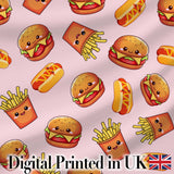 Cute Kawaii Burger Fries Hotdog Fast Food Soft Pink Background Seamless Pattern Digital Print Fabric by the Metre UK Sewing Quilting Textile