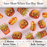 Cute Kawaii Burger Fries Hotdog Fast Food Soft Pink Background Seamless Pattern Digital Print Fabric by the Metre UK Sewing Quilting Textile