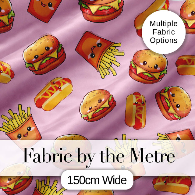 Kawaii Burger Fries Hotdog Fast Food Blush Pink  Seamless Pattern Digital Print Fabric by the Metre UK Sewing Quilting Textile