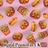 Kawaii Burger Fries Hotdog Fast Food Blush Pink  Seamless Pattern Digital Print Fabric by the Metre UK Sewing Quilting Textile