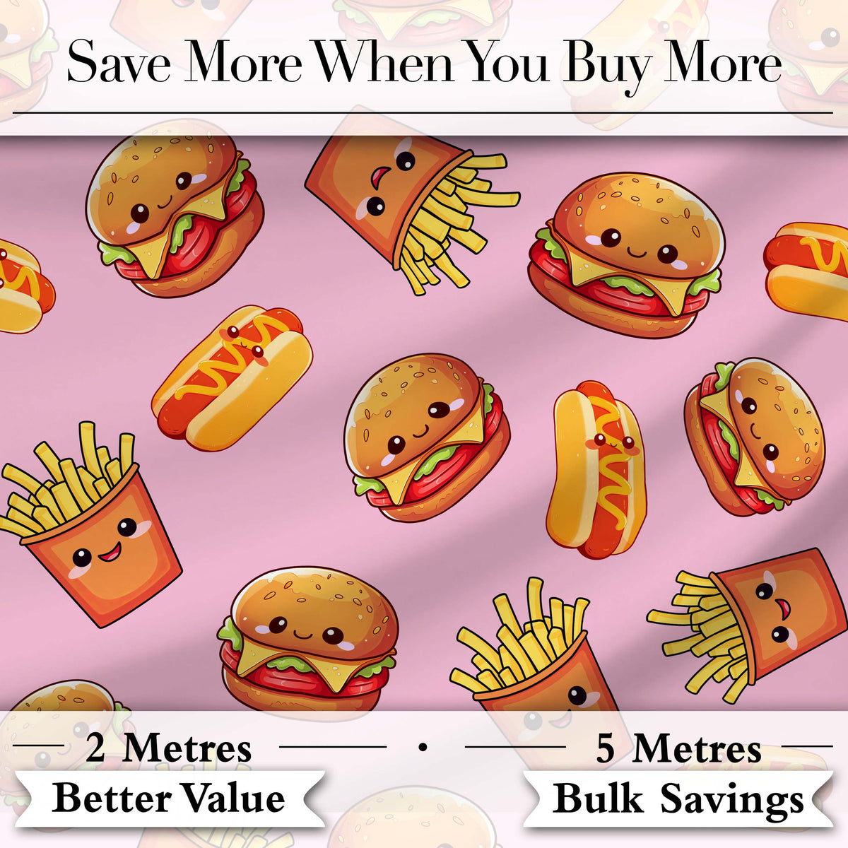 Kawaii Burger Fries Hotdog Fast Food Blush Pink  Seamless Pattern Digital Print Fabric by the Metre UK Sewing Quilting Textile