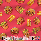 Cute Kawaii Burger Fries Hotdog Fast Food Red Background Seamless Pattern Digital Print Fabric by the Metre UK Sewing Quilting Textile