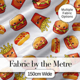 Cute Kawaii Burger Fries Hotdog Fast Food White Background Seamless Pattern Digital Print Fabric by the Metre UK Sewing Quilting Textile