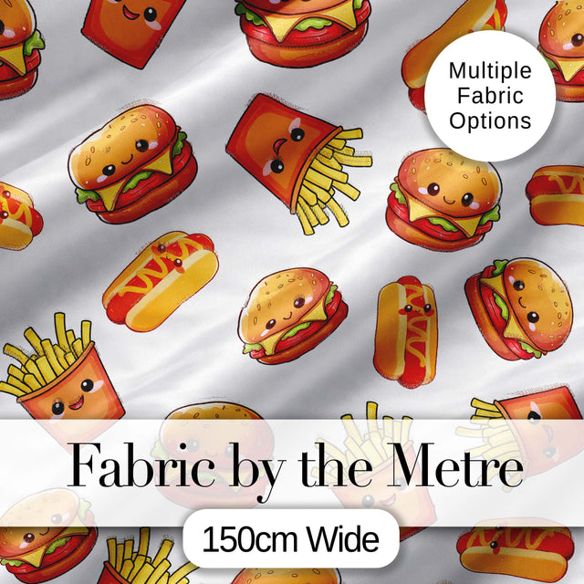 Cute Kawaii Burger Fries Hotdog Fast Food White Background Seamless Pattern Digital Print Fabric by the Metre UK Sewing Quilting Textile