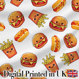 Cute Kawaii Burger Fries Hotdog Fast Food White Background Seamless Pattern Digital Print Fabric by the Metre UK Sewing Quilting Textile