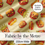 Cute Kawaii Burger Fries Hotdog Fast Food Yellow Background Seamless Pattern Digital Print Fabric by the Metre UK Sewing Quilting Textile