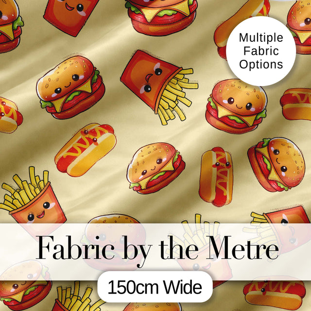 Cute Kawaii Burger Fries Hotdog Fast Food Yellow Background Seamless Pattern Digital Print Fabric by the Metre UK Sewing Quilting Textile