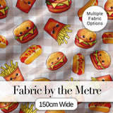 Kawaii Burger Fries Hotdog Fast Food Beige Gingham  Seamless Pattern Digital Print Fabric by the Metre UK Sewing Quilting Textile