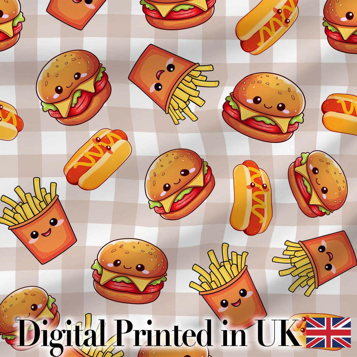 Kawaii Burger Fries Hotdog Fast Food Beige Gingham  Seamless Pattern Digital Print Fabric by the Metre UK Sewing Quilting Textile