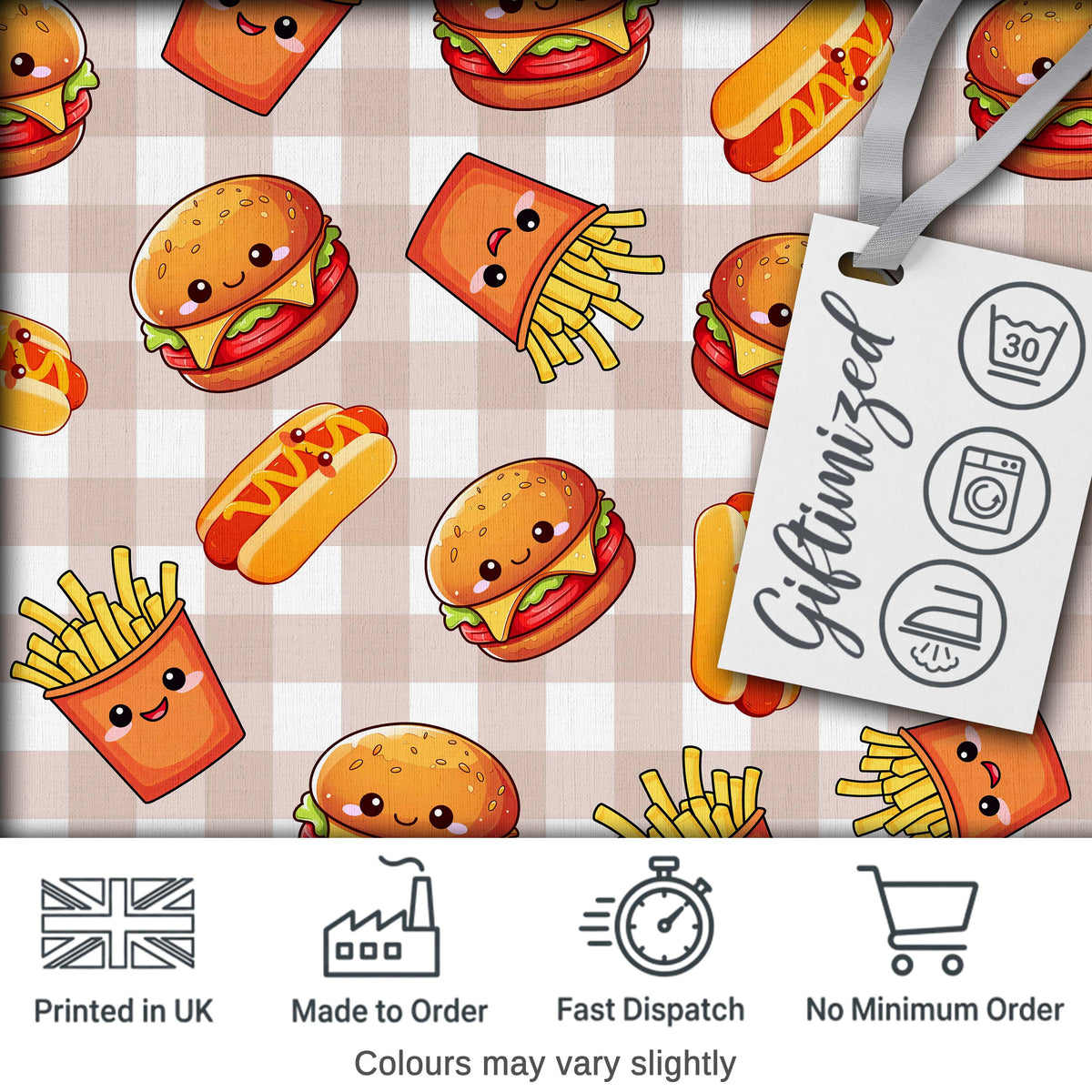 Kawaii Burger Fries Hotdog Fast Food Beige Gingham  Seamless Pattern Digital Print Fabric by the Metre UK Sewing Quilting Textile