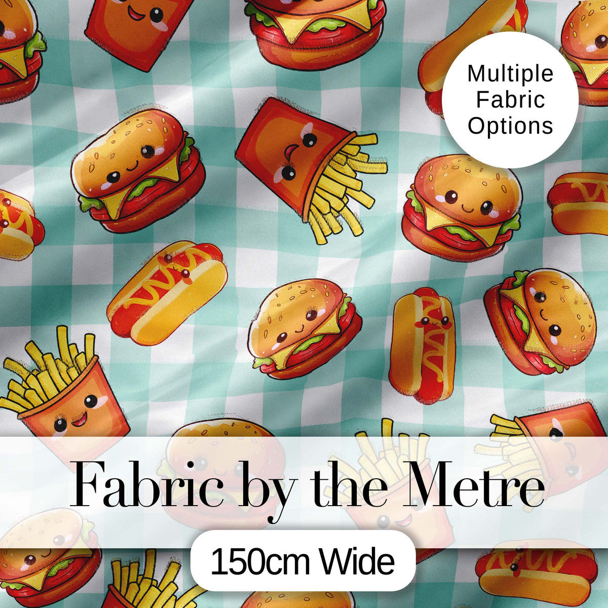 Kawaii Burger Fries Hotdog Fast Food Mint Gingham  Seamless Pattern Digital Print Fabric by the Metre UK Sewing Quilting Textile