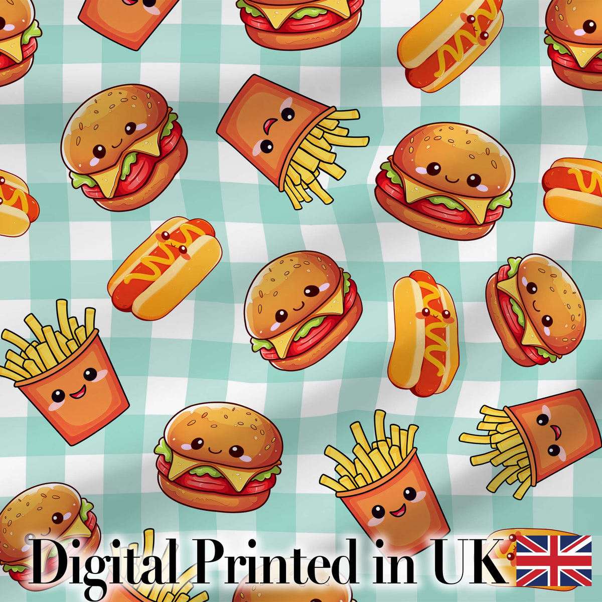 Kawaii Burger Fries Hotdog Fast Food Mint Gingham  Seamless Pattern Digital Print Fabric by the Metre UK Sewing Quilting Textile