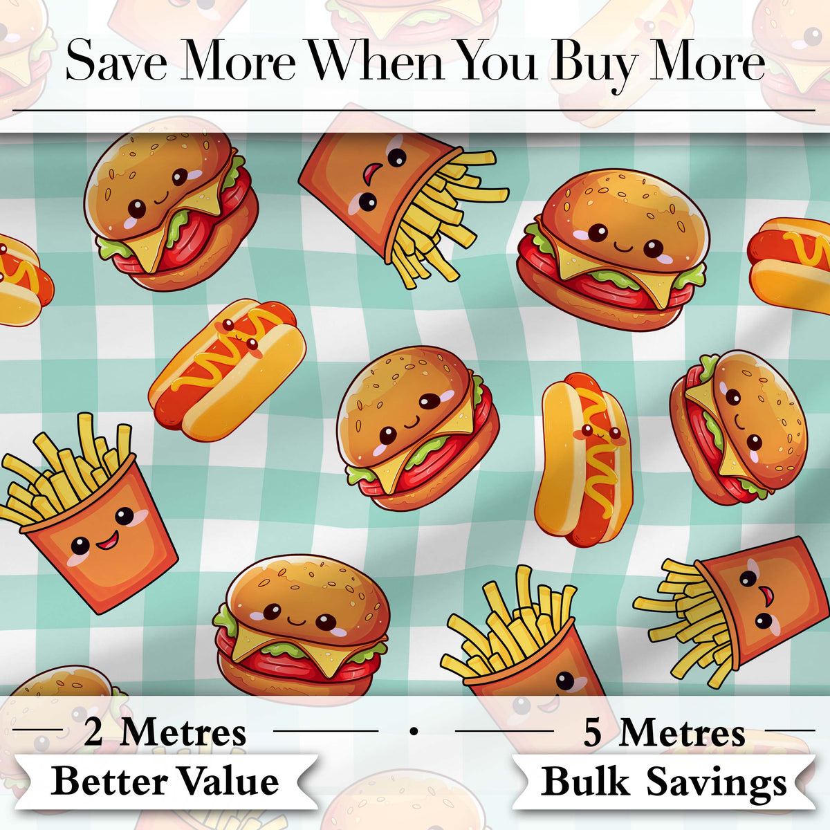 Kawaii Burger Fries Hotdog Fast Food Mint Gingham  Seamless Pattern Digital Print Fabric by the Metre UK Sewing Quilting Textile