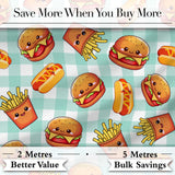 Kawaii Burger Fries Hotdog Fast Food Mint Gingham  Seamless Pattern Digital Print Fabric by the Metre UK Sewing Quilting Textile
