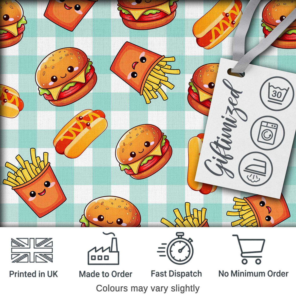 Kawaii Burger Fries Hotdog Fast Food Mint Gingham  Seamless Pattern Digital Print Fabric by the Metre UK Sewing Quilting Textile