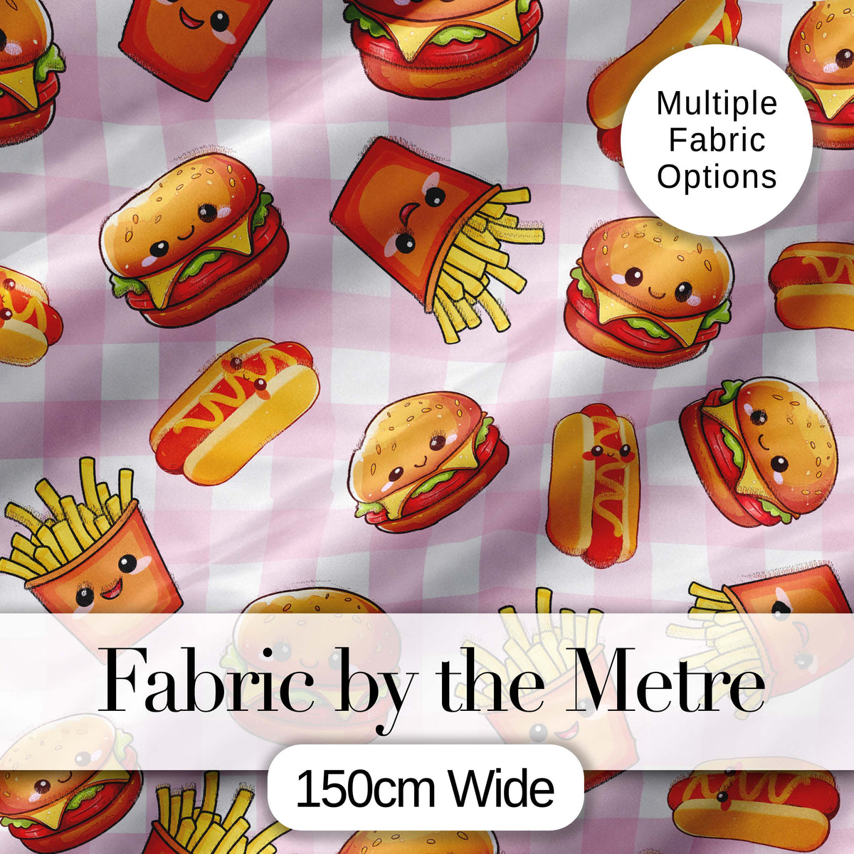 Kawaii Burger Fries Hotdog Fast Food Pink Gingham  Seamless Pattern Digital Print Fabric by the Metre UK Sewing Quilting Textile