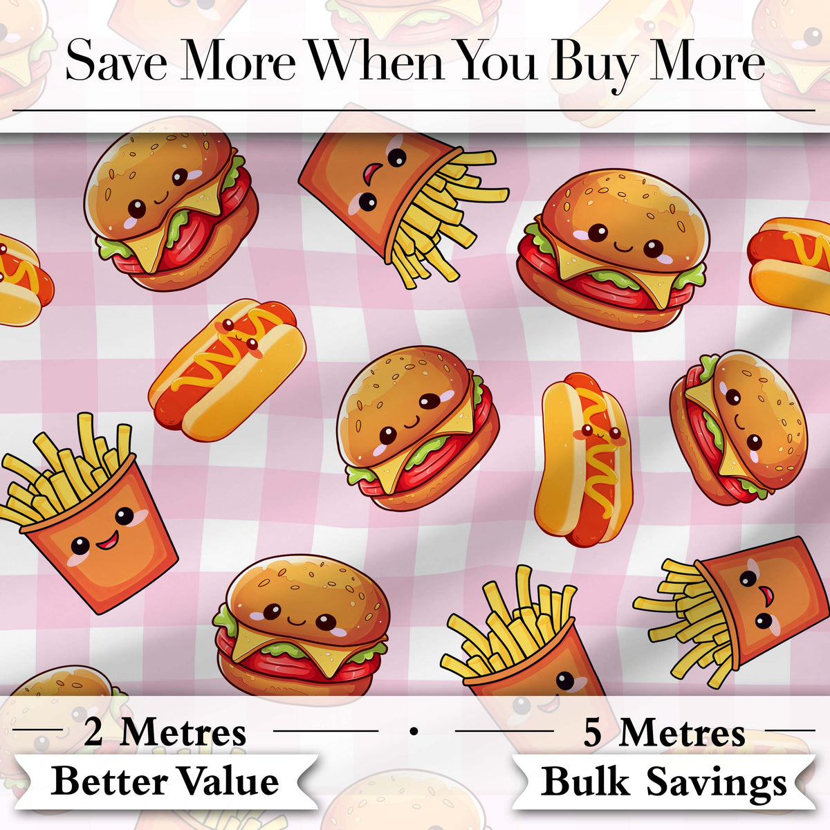 Kawaii Burger Fries Hotdog Fast Food Pink Gingham  Seamless Pattern Digital Print Fabric by the Metre UK Sewing Quilting Textile