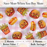 Kawaii Burger Fries Hotdog Fast Food Pink Gingham  Seamless Pattern Digital Print Fabric by the Metre UK Sewing Quilting Textile