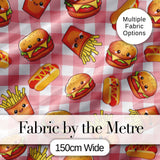Kawaii Burger Fries Hotdog Fast Food Red Gingham  Seamless Pattern Digital Print Fabric by the Metre UK Sewing Quilting Textile