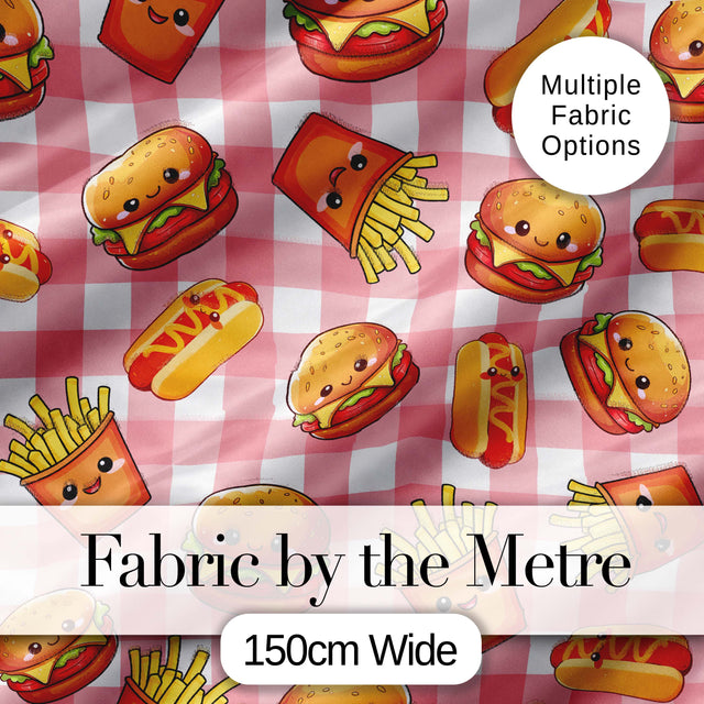 Kawaii Burger Fries Hotdog Fast Food Red Gingham  Seamless Pattern Digital Print Fabric by the Metre UK Sewing Quilting Textile