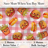 Kawaii Burger Fries Hotdog Fast Food Red Gingham  Seamless Pattern Digital Print Fabric by the Metre UK Sewing Quilting Textile