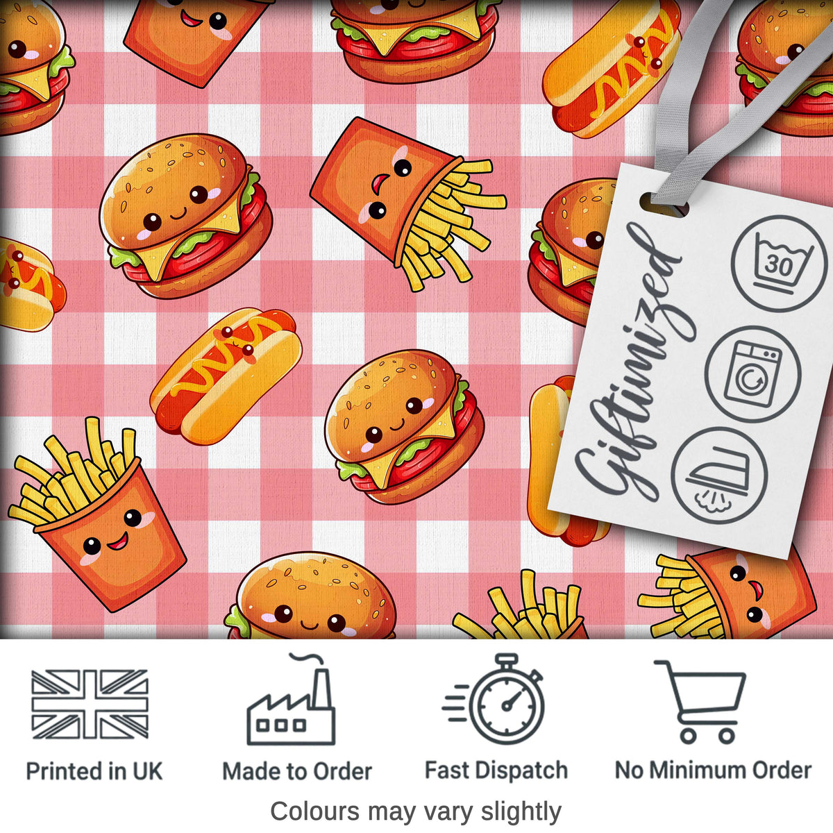 Kawaii Burger Fries Hotdog Fast Food Red Gingham  Seamless Pattern Digital Print Fabric by the Metre UK Sewing Quilting Textile