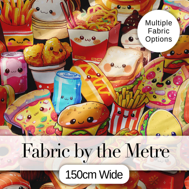 Cute Kawaii Fast Food Collage Burger Pizza Fries Drinks Seamless Pattern Digital Print Fabric by the Metre UK Sewing Quilting Textile