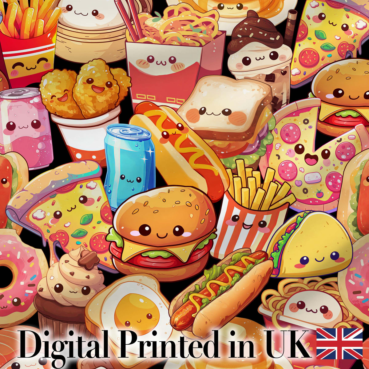Cute Kawaii Fast Food Collage Burger Pizza Fries Drinks Seamless Pattern Digital Print Fabric by the Metre UK Sewing Quilting Textile