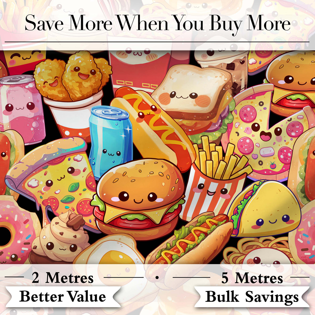 Cute Kawaii Fast Food Collage Burger Pizza Fries Drinks Seamless Pattern Digital Print Fabric by the Metre UK Sewing Quilting Textile