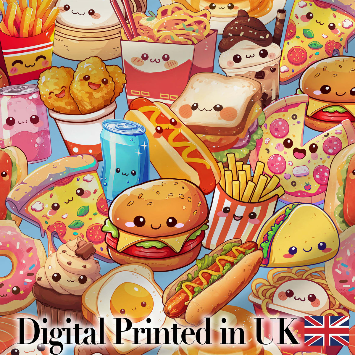 Kawaii Fast Food Collage Burger Pizza Fries Drinks Blue  Seamless Pattern Digital Print Fabric by the Metre UK Sewing Quilting Textile