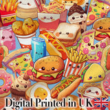 Kawaii Fast Food Collage Burger Pizza Fries Drinks Blue  Seamless Pattern Digital Print Fabric by the Metre UK Sewing Quilting Textile