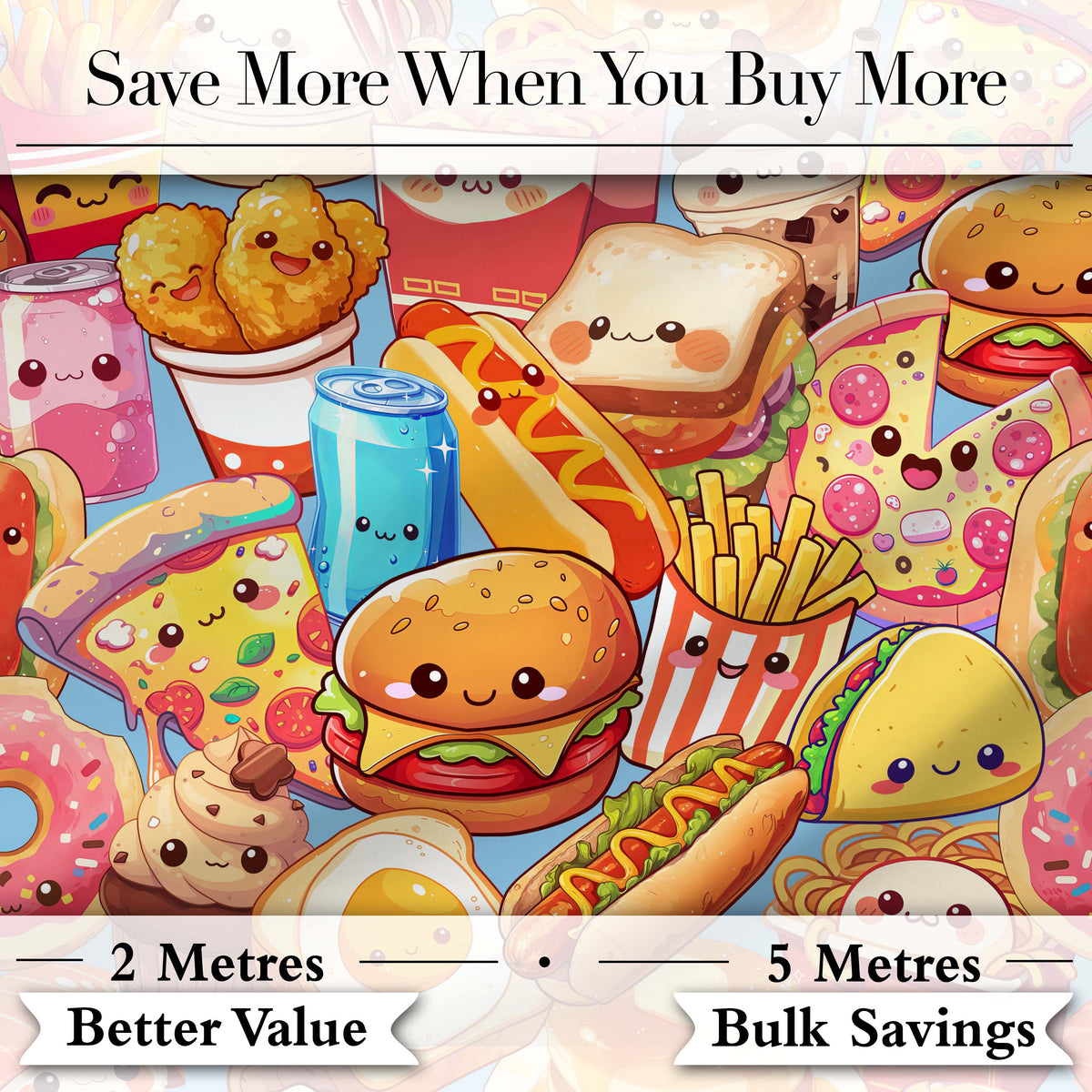 Kawaii Fast Food Collage Burger Pizza Fries Drinks Blue  Seamless Pattern Digital Print Fabric by the Metre UK Sewing Quilting Textile