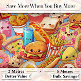 Kawaii Fast Food Collage Burger Pizza Fries Drinks Blue  Seamless Pattern Digital Print Fabric by the Metre UK Sewing Quilting Textile