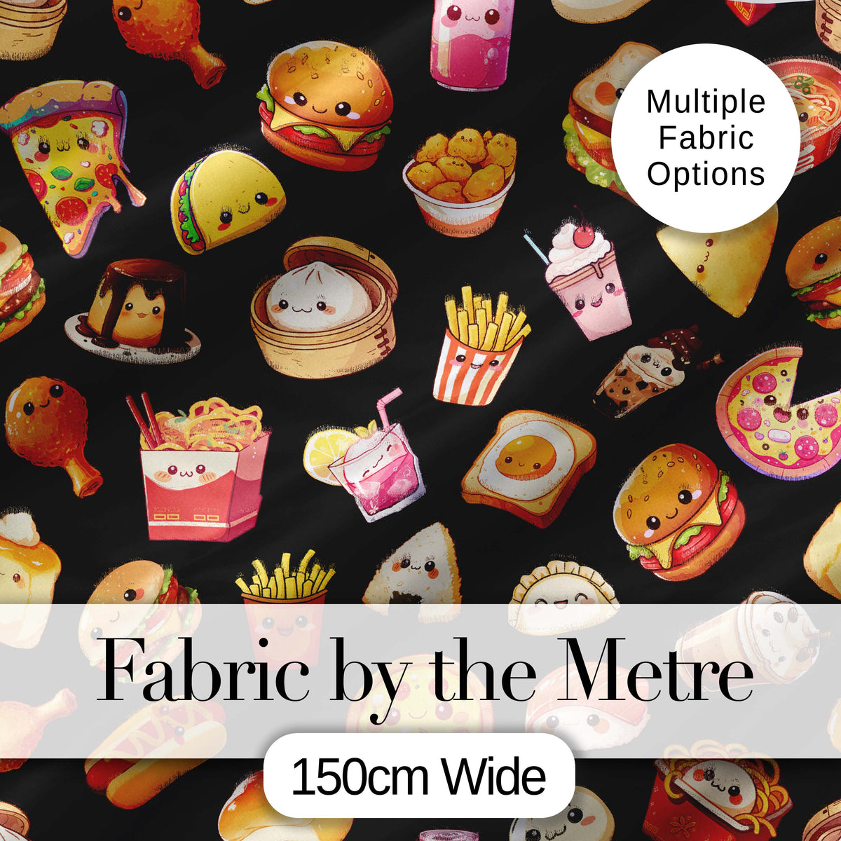 Kawaii Fast Food  Burger Sushi Taco Pizza Black  Seamless Pattern Digital Print Fabric by the Metre UK Sewing Quilting Textile