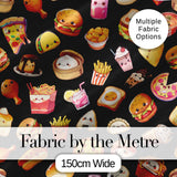 Kawaii Fast Food  Burger Sushi Taco Pizza Black  Seamless Pattern Digital Print Fabric by the Metre UK Sewing Quilting Textile