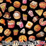 Kawaii Fast Food  Burger Sushi Taco Pizza Black  Seamless Pattern Digital Print Fabric by the Metre UK Sewing Quilting Textile