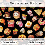 Kawaii Fast Food  Burger Sushi Taco Pizza Black  Seamless Pattern Digital Print Fabric by the Metre UK Sewing Quilting Textile