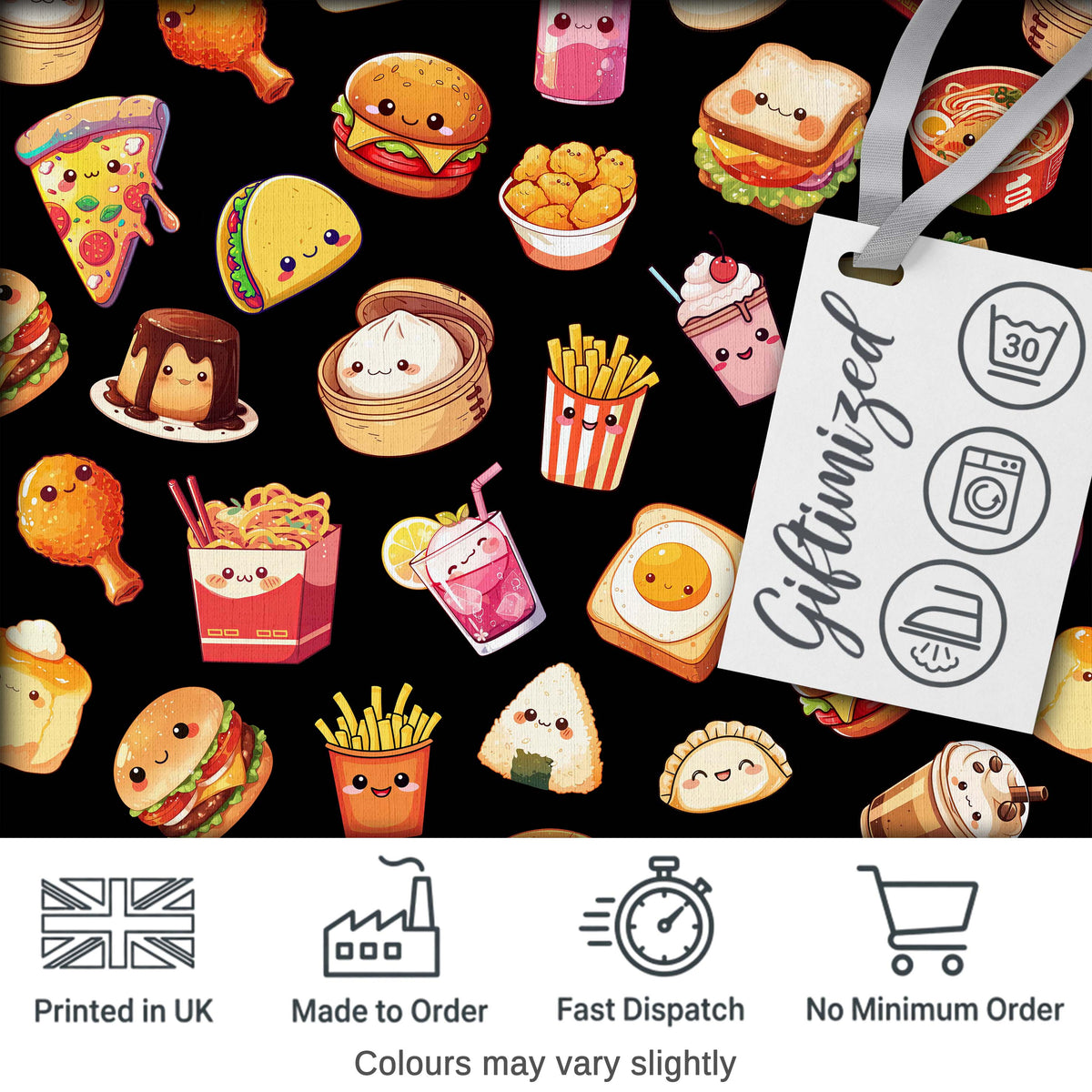 Kawaii Fast Food  Burger Sushi Taco Pizza Black  Seamless Pattern Digital Print Fabric by the Metre UK Sewing Quilting Textile