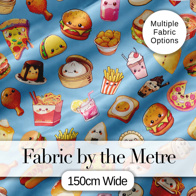 Kawaii Fast Food  Burger Sushi Taco Pizza Blue  Seamless Pattern Digital Print Fabric by the Metre UK Sewing Quilting Textile