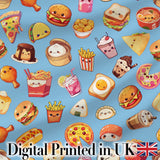 Kawaii Fast Food  Burger Sushi Taco Pizza Blue  Seamless Pattern Digital Print Fabric by the Metre UK Sewing Quilting Textile