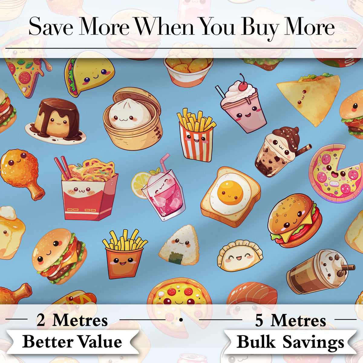 Kawaii Fast Food  Burger Sushi Taco Pizza Blue  Seamless Pattern Digital Print Fabric by the Metre UK Sewing Quilting Textile
