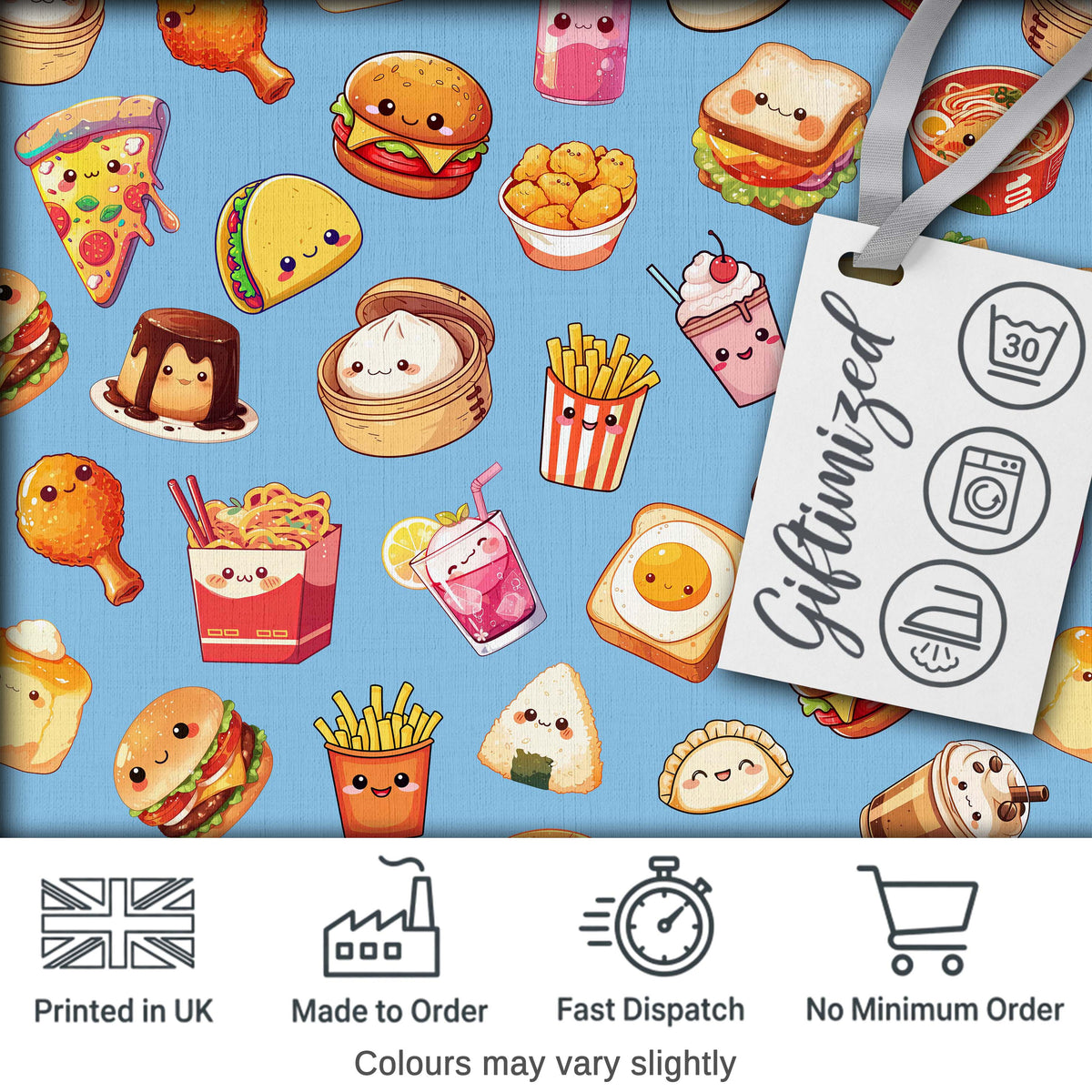 Kawaii Fast Food  Burger Sushi Taco Pizza Blue  Seamless Pattern Digital Print Fabric by the Metre UK Sewing Quilting Textile