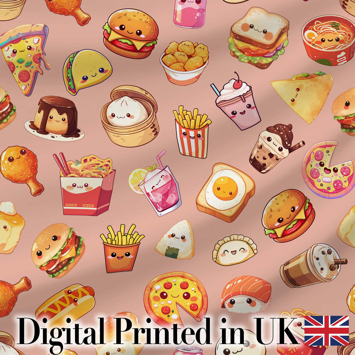 Kawaii Fast Food  Burger Sushi Taco Pizza Beige  Seamless Pattern Digital Print Fabric by the Metre UK Sewing Quilting Textile