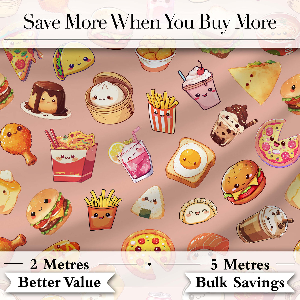 Kawaii Fast Food  Burger Sushi Taco Pizza Beige  Seamless Pattern Digital Print Fabric by the Metre UK Sewing Quilting Textile