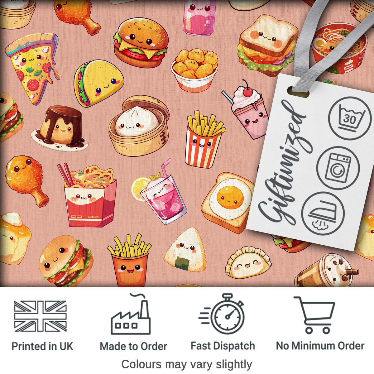 Kawaii Fast Food  Burger Sushi Taco Pizza Beige  Seamless Pattern Digital Print Fabric by the Metre UK Sewing Quilting Textile