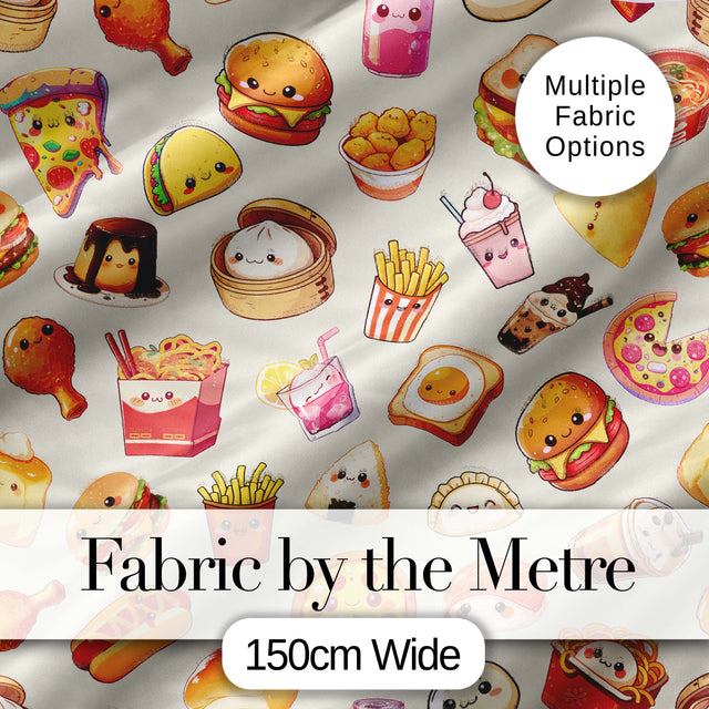 Kawaii Fast Food  Burger Sushi Taco Pizza Cream  Seamless Pattern Digital Print Fabric by the Metre UK Sewing Quilting Textile