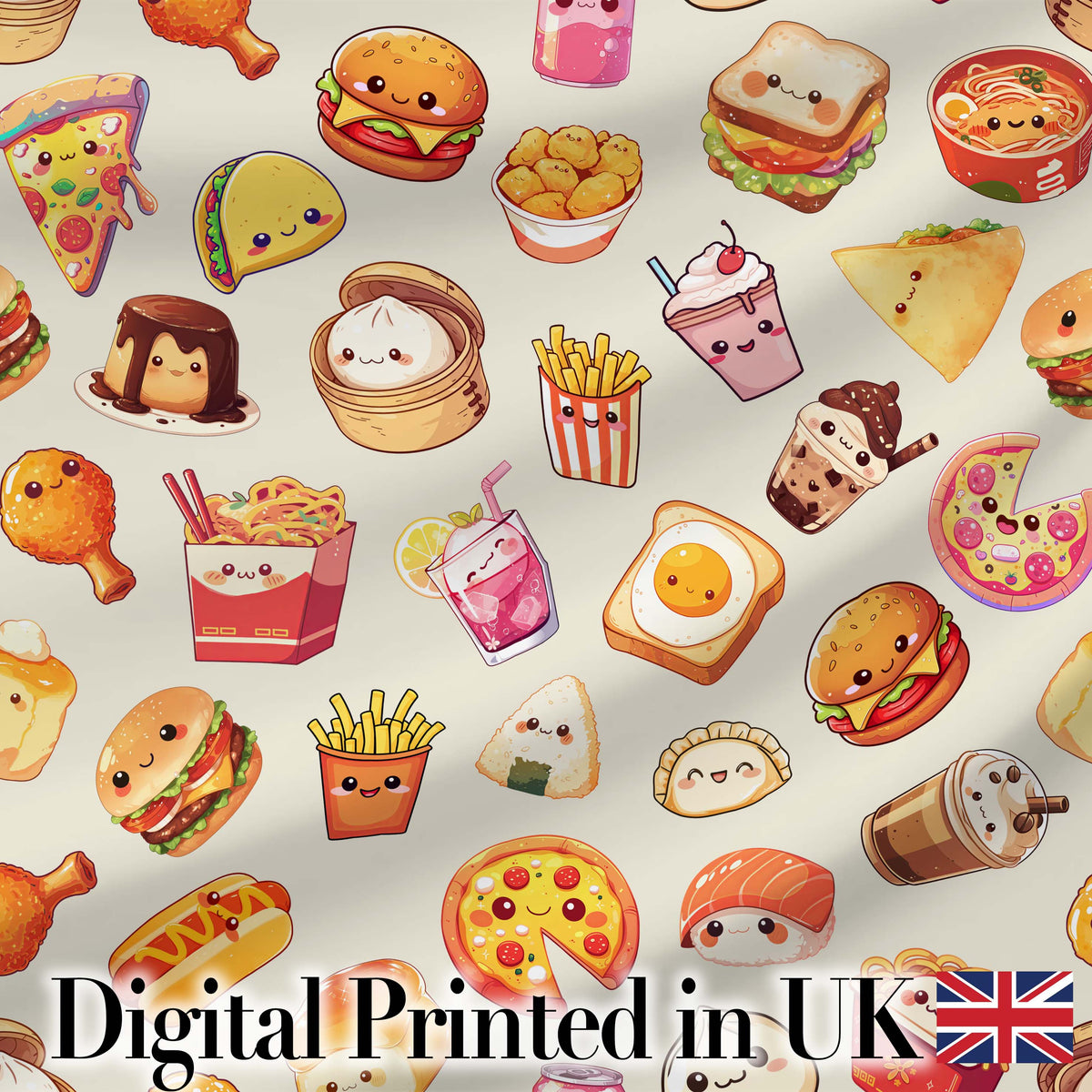 Kawaii Fast Food  Burger Sushi Taco Pizza Cream  Seamless Pattern Digital Print Fabric by the Metre UK Sewing Quilting Textile
