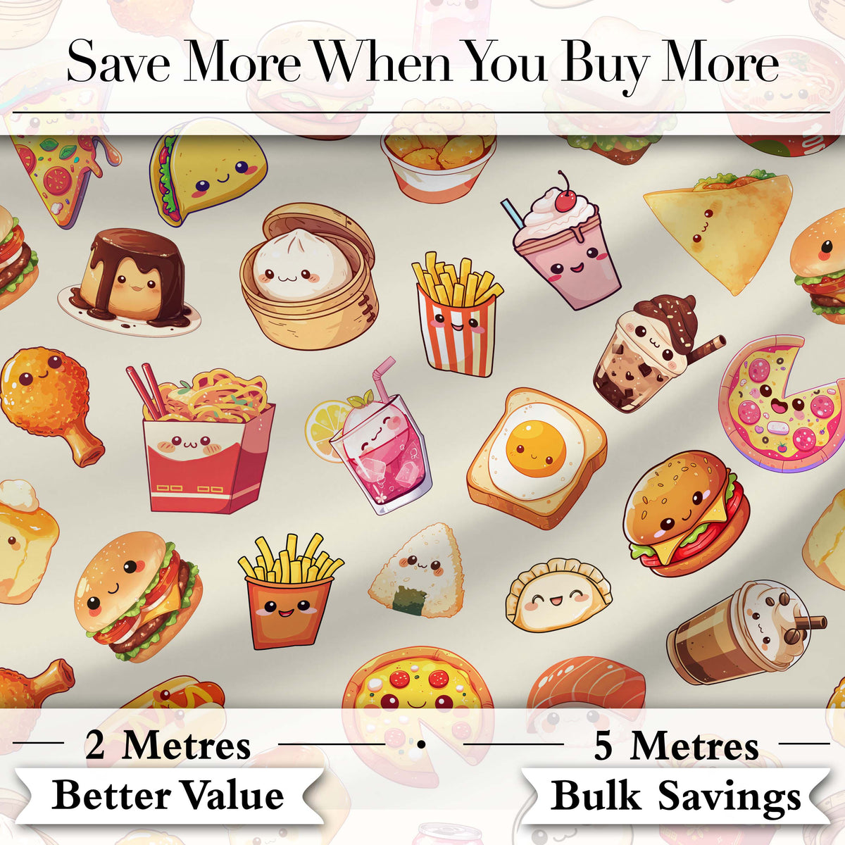 Kawaii Fast Food  Burger Sushi Taco Pizza Cream  Seamless Pattern Digital Print Fabric by the Metre UK Sewing Quilting Textile